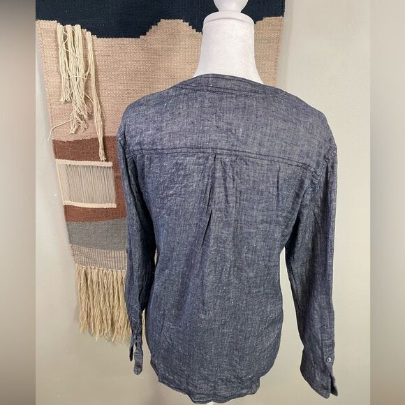 THEORY Trisalta Linen Chambray Blue Tunic Crunch Button Blouse Top Size P - Picture 4 of 7